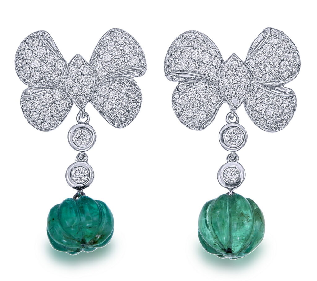 The Bow Drop emerald and diamond earrings in 18K white gold – GPS Gems