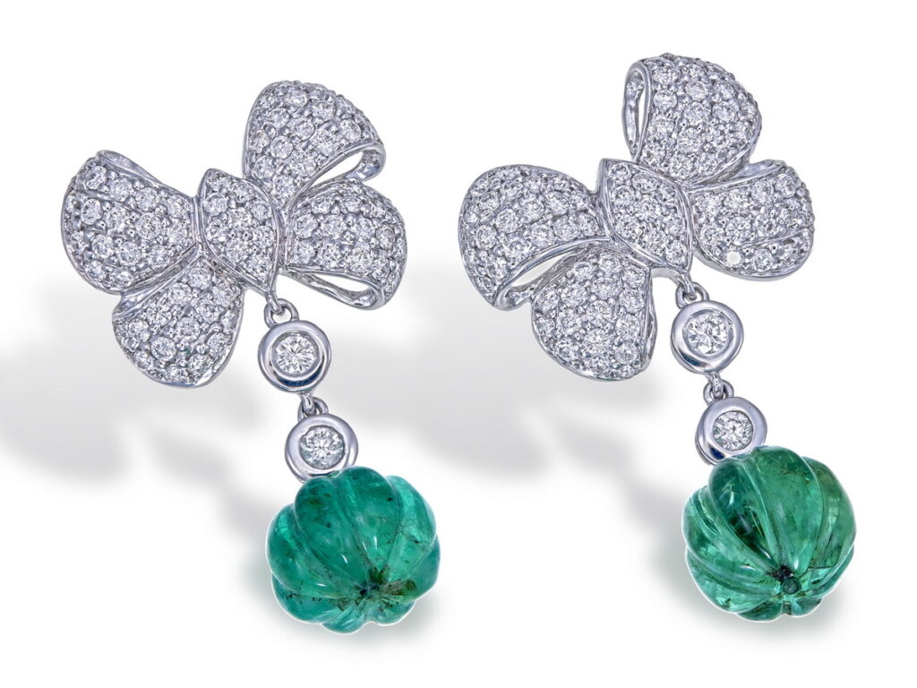 The Bow Drop emerald and diamond earrings in 18K white gold – GPS Gems
