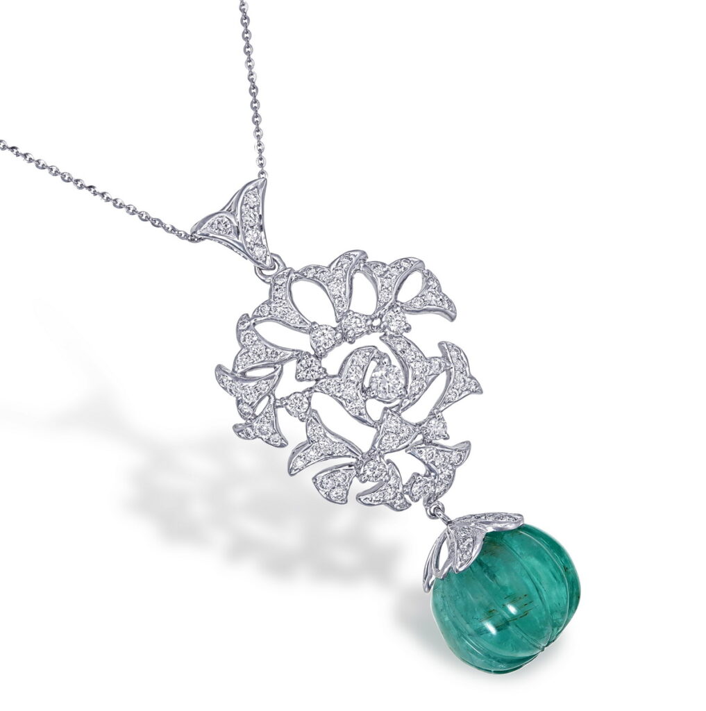 The Garden Drop pendant necklace featuring a pavé diamond floral design with a hand-carved melon-cut emerald drop, set in 18K white gold – GPS Gems