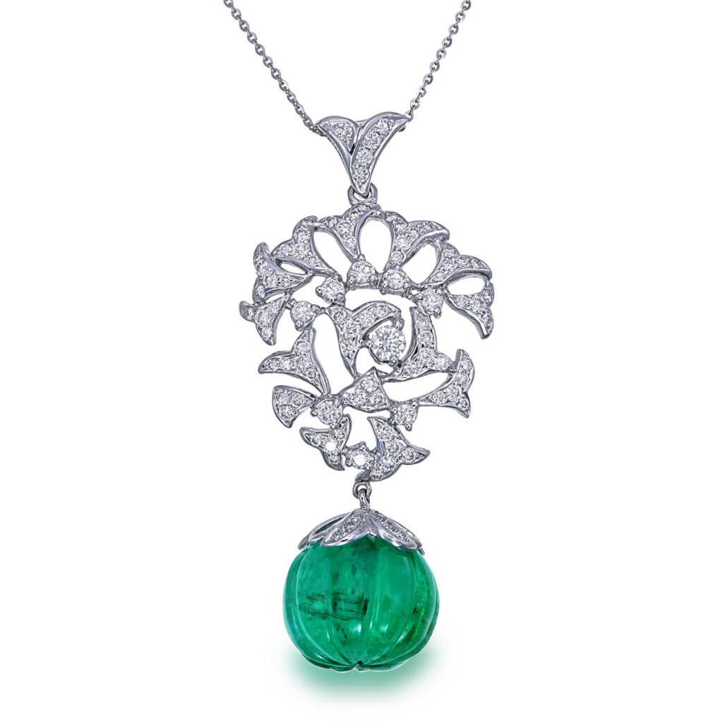 The Garden Drop pendant necklace featuring a pavé diamond floral design with a hand-carved melon-cut emerald drop, set in 18K white gold – GPS Gems